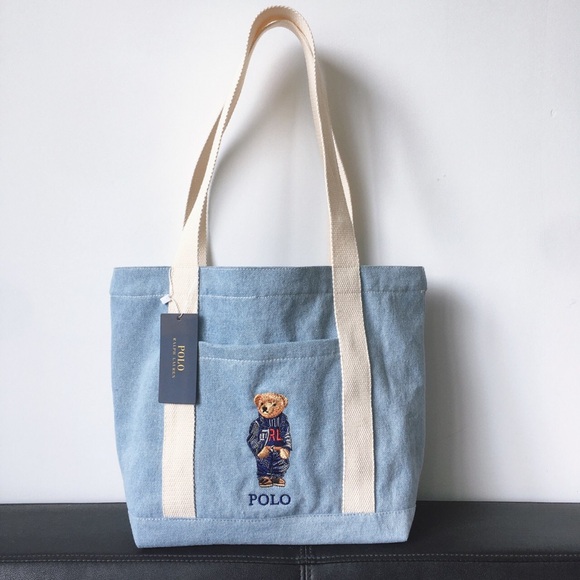 Polo by Ralph Lauren Light Blue Denim Tote Bag Bear Embroidered - Picture 2 of 6
